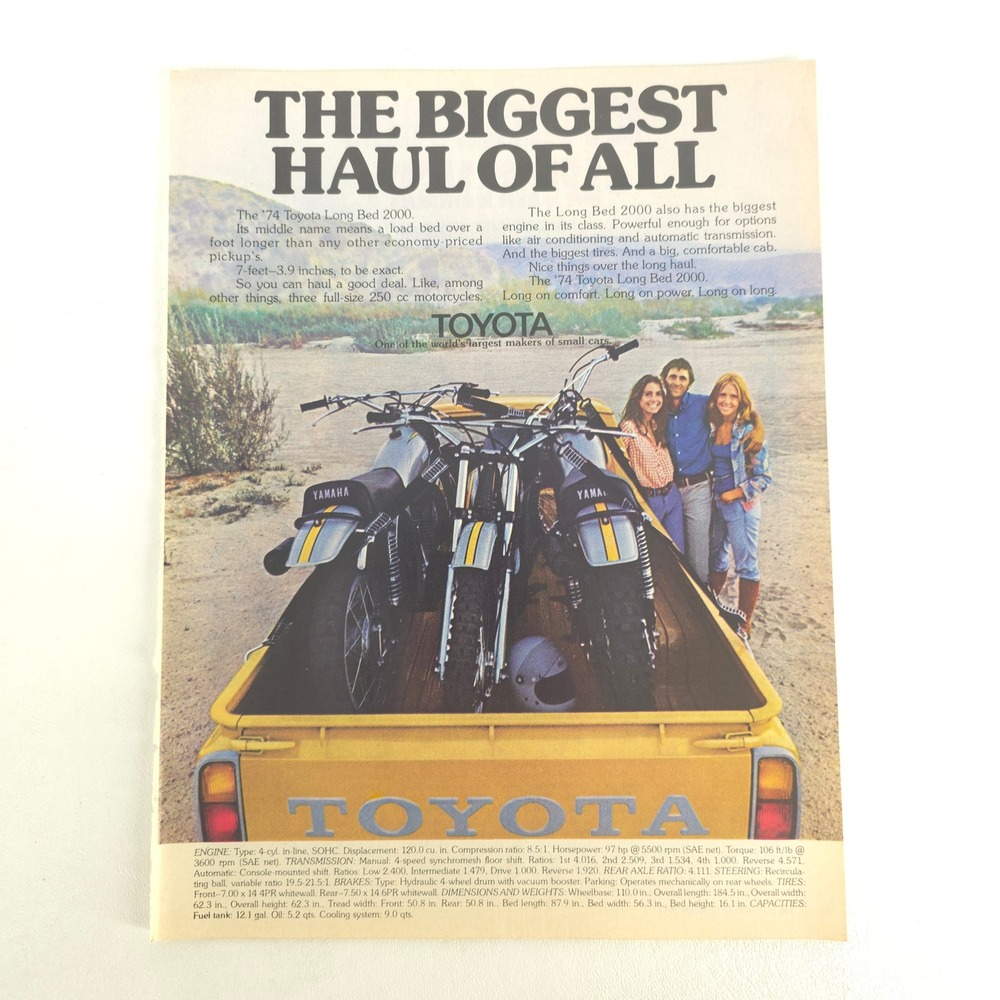 1974 Toyota Long Bed 2000 Print Ad Yamaha Dirt Bikes Vintage Truck Garage Decor